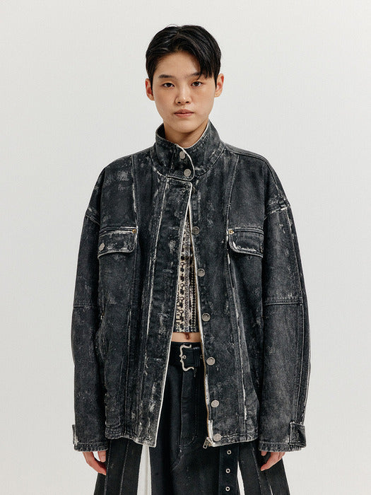 [EENK] Xello Highneck Buttoned Denim Jumper - Dark Grey