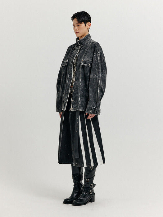 [EENK] Xello Highneck Buttoned Denim Jumper - Dark Grey