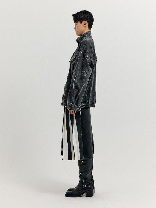 [EENK] Xello Highneck Buttoned Denim Jumper - Dark Grey