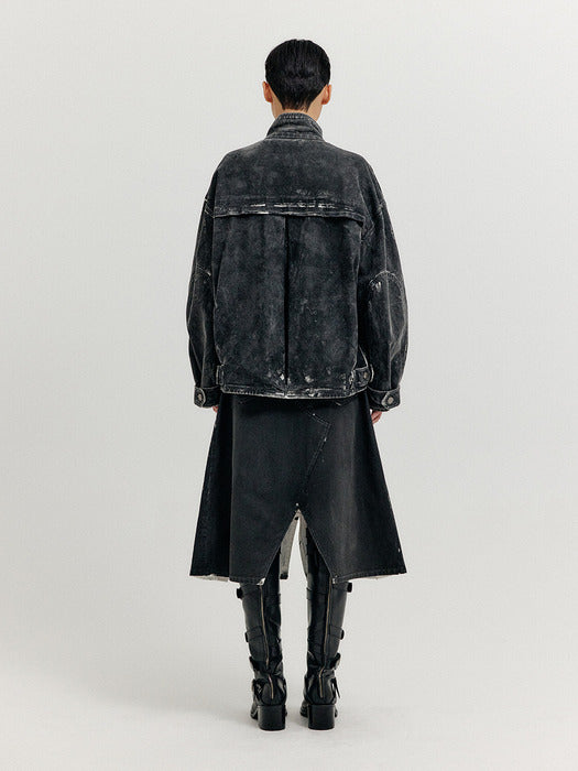 [EENK] Xello Highneck Buttoned Denim Jumper - Dark Grey