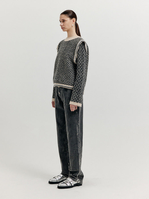[EENK] Xita Jacquard Knit Vest - Black/Ivory