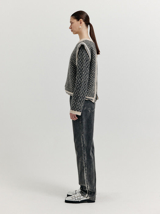 [EENK] Xita Jacquard Knit Vest - Black/Ivory