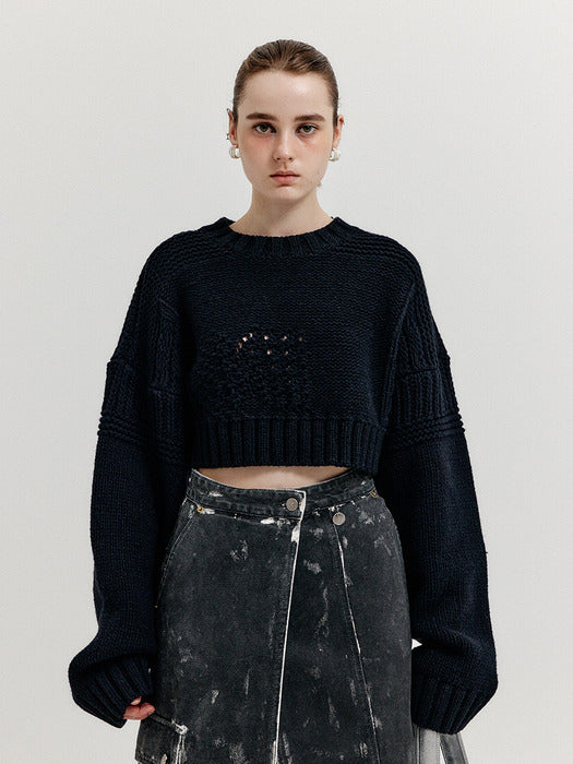 Eenk Xri Fisherman Knit Crop Pullover - Black
