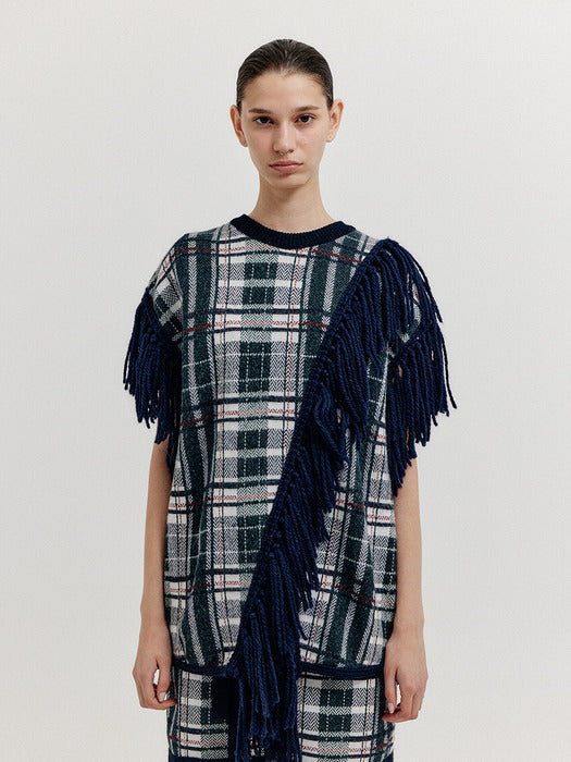 Eenk Xrange Sleeveless Fringed Knit Top - Navy Multi