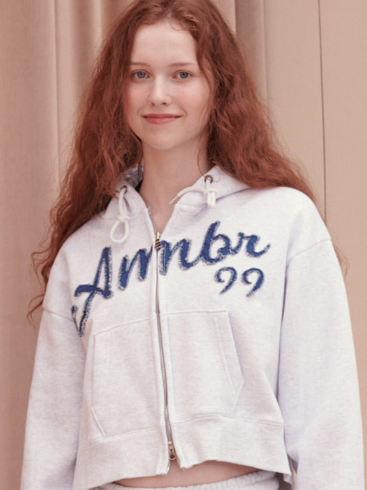 [ambler] Denim AMBLER Crop Zip up Hoodie jacket AHCZ101 (White-Melange)