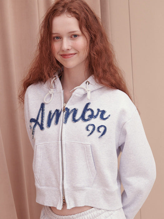 [ambler] Denim AMBLER Crop Zip up Hoodie jacket AHCZ101 (White-Melange)