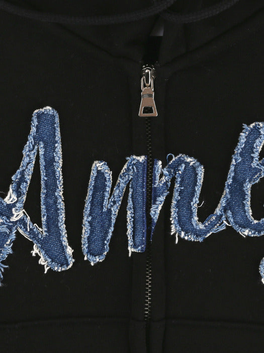 [ambler] Denim AMBLER Crop Zip up Hoodie jacket AHCZ101 (Black)