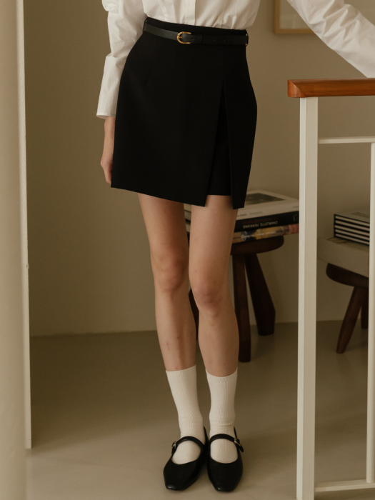 [TILLIDIE] Gold belt wrap black skirt_Black