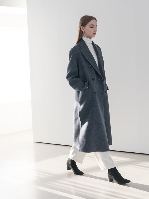 [TILLIDIE] Premium handmade pure wool melange double breasted in ash blue_