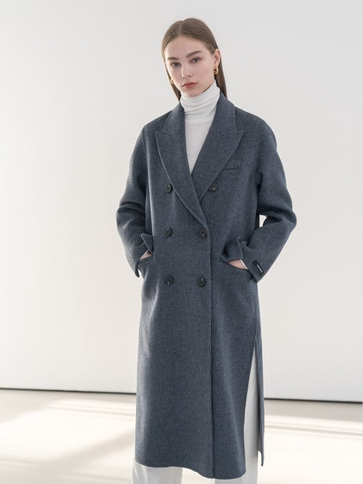 [TILLIDIE] Premium handmade pure wool melange double breasted in ash blue_