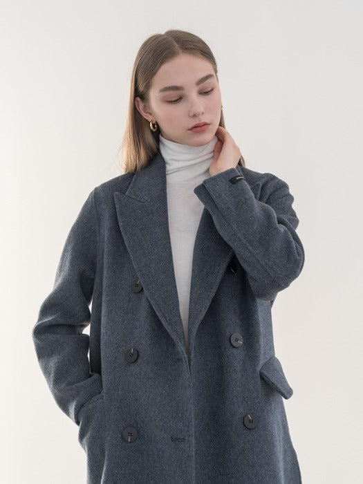 [TILLIDIE] Premium handmade pure wool melange double breasted in ash blue_
