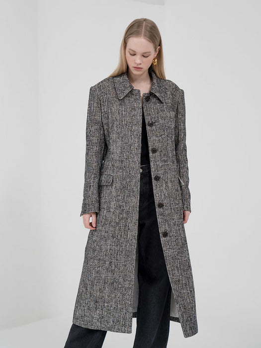 [TILLIDIE] Tweed hidden button trench in black_