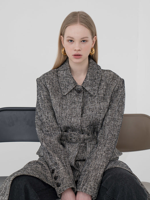 [TILLIDIE] Tweed hidden button trench in black_