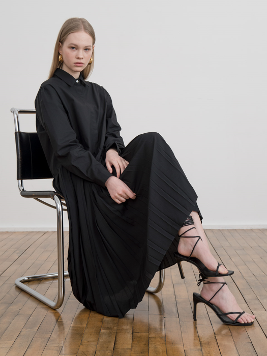 [TILLIDIE] Pleated shirt long dress in black_