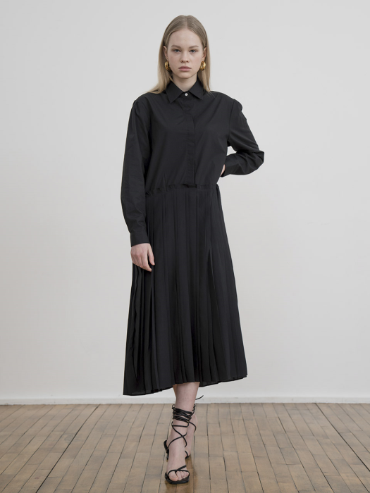 [TILLIDIE] Pleated shirt long dress in black_
