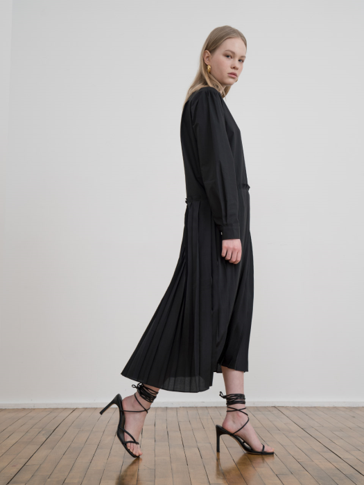 [TILLIDIE] Pleated shirt long dress in black_