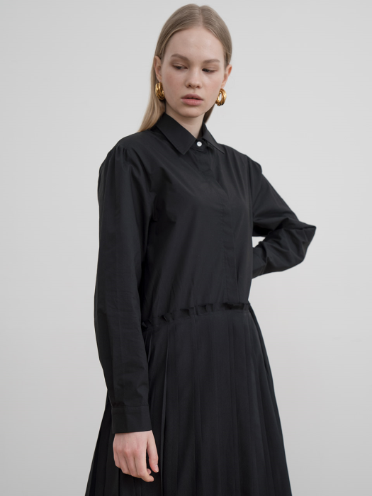 [TILLIDIE] Pleated shirt long dress in black_