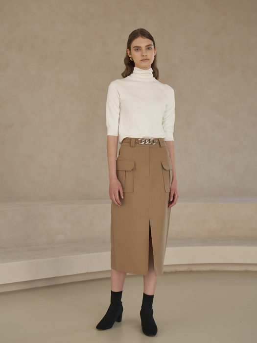 [TILLIDIE] Chain belt midi skirt in beige_