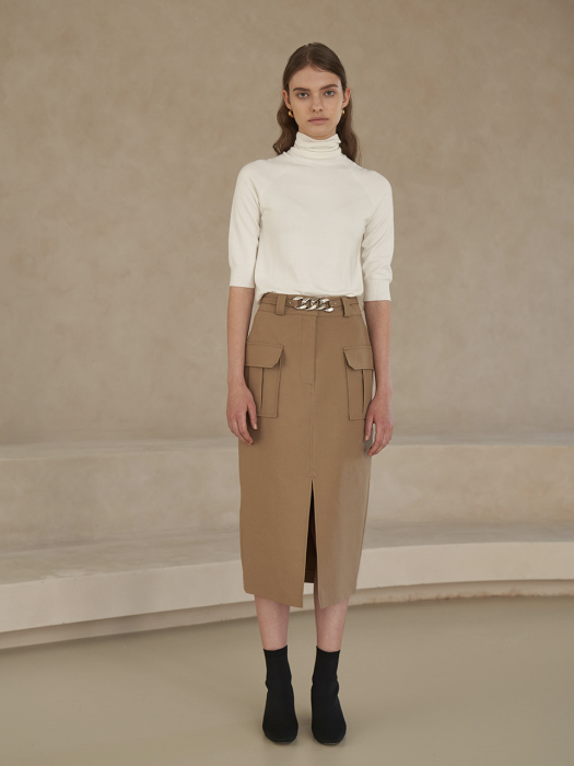 [TILLIDIE] Chain belt midi skirt in beige_