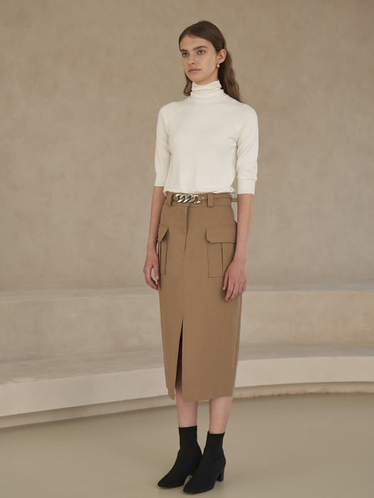 [TILLIDIE] Chain belt midi skirt in beige_