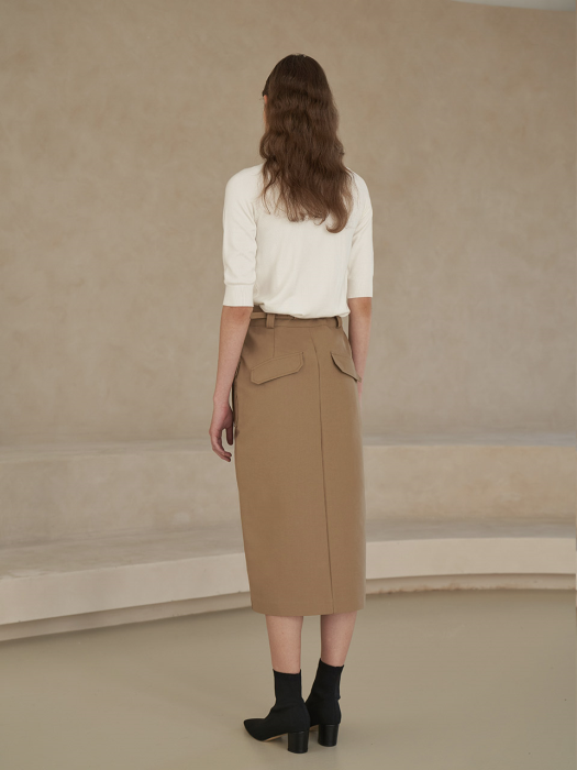 [TILLIDIE] Chain belt midi skirt in beige_