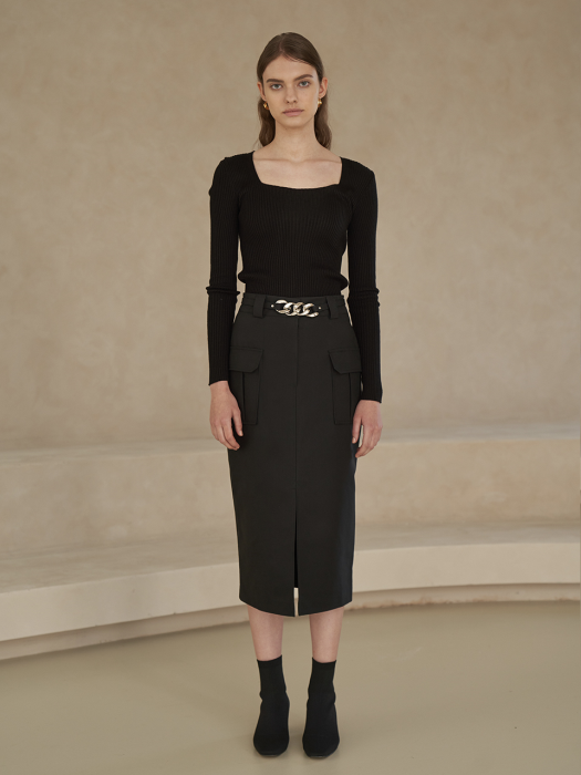 [TILLIDIE] Chain belt midi skirt in black_