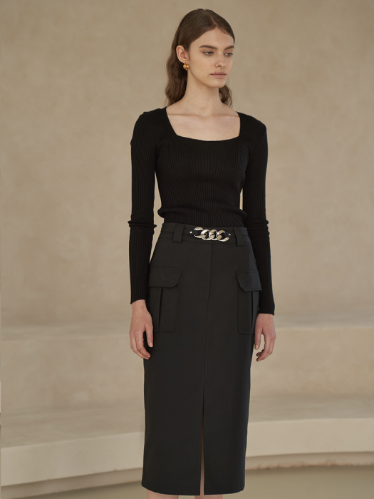 [TILLIDIE] Chain belt midi skirt in black_