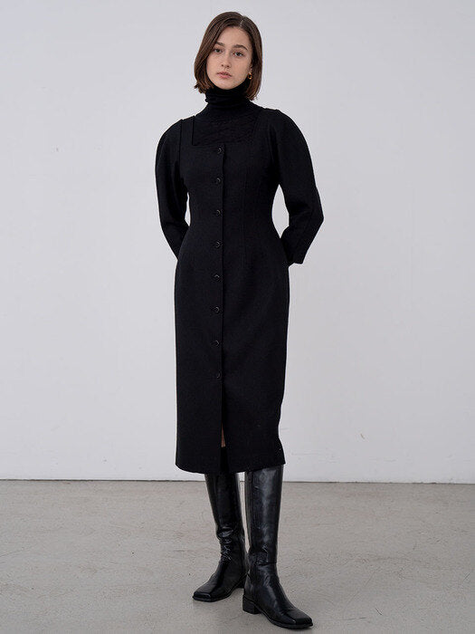 [TILLIDIE] Cut out neck balloon wool dress (2color)