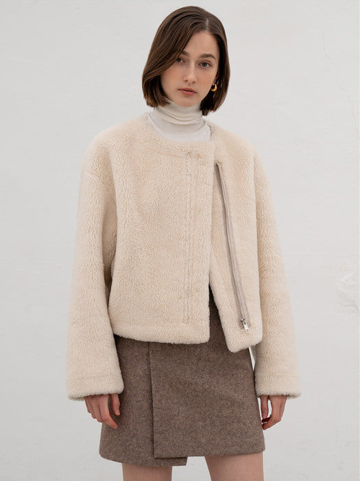 [TILLIDIE] Collarless zip up eco-shearing jacket (2color)