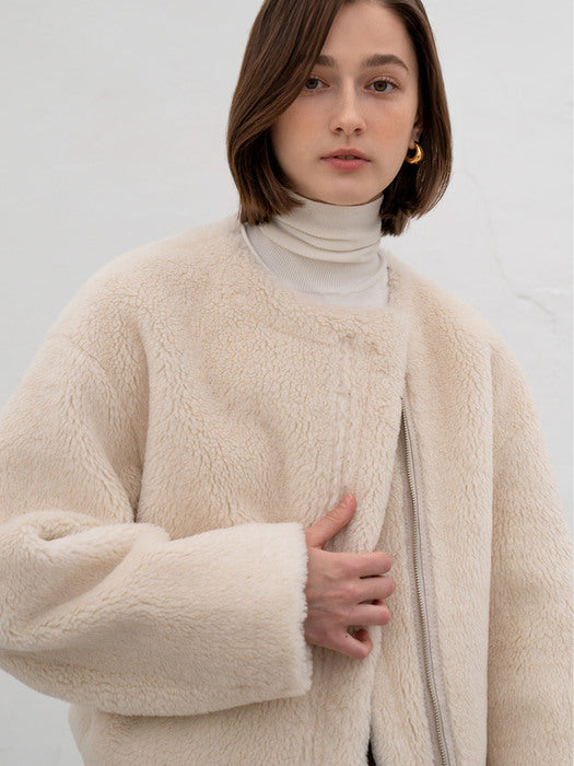 [TILLIDIE] Collarless zip up eco-shearing jacket (2color)