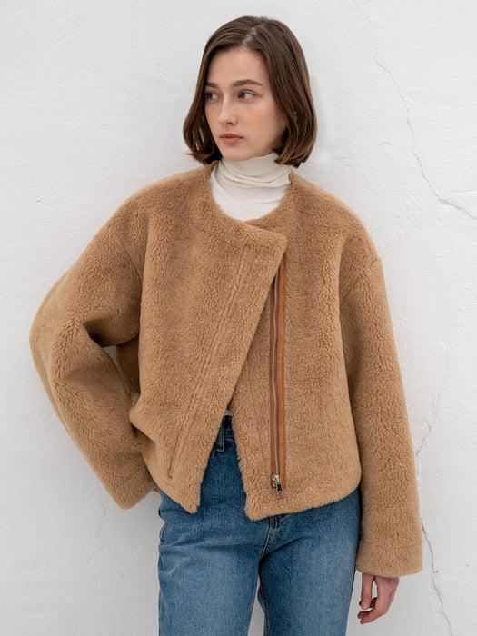 [TILLIDIE] Collarless zip up eco-shearing jacket (2color)