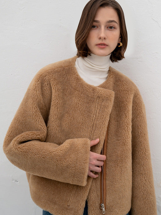 [TILLIDIE] Collarless zip up eco-shearing jacket (2color)