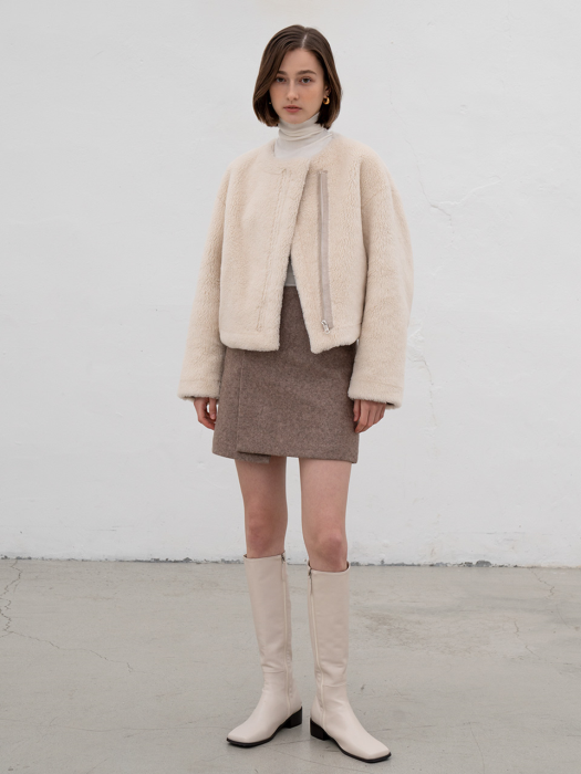 [TILLIDIE] Wool asymmetric incision wrap skirt in brown_