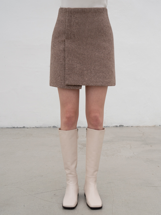 [TILLIDIE] Wool asymmetric incision wrap skirt in brown_