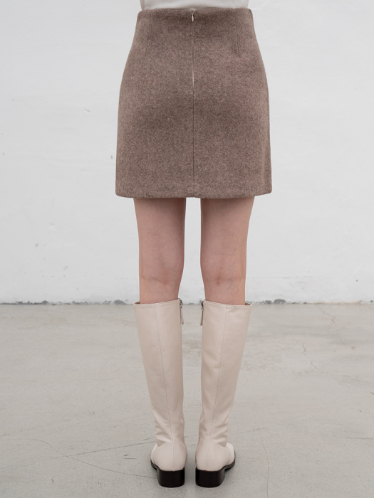 [TILLIDIE] Wool asymmetric incision wrap skirt in brown_