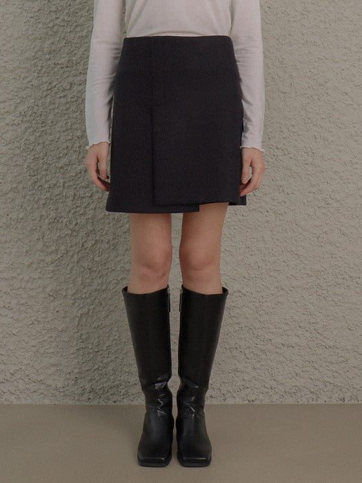 [TILLIDIE] Wool Ashmmetric Incision Wrap Skirt(Black)