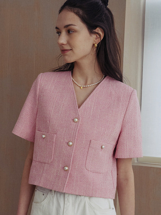 [TILLIDIE] Collarless pearl button summer tweed jacket_Pink