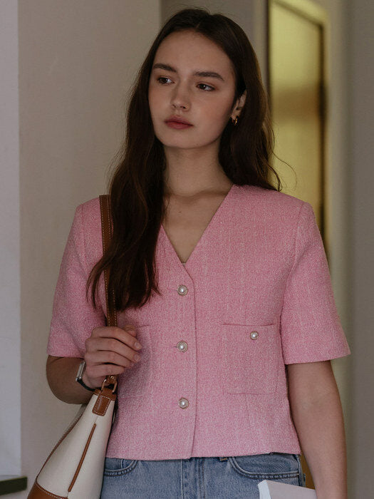 [TILLIDIE] Collarless pearl button summer tweed jacket_Pink