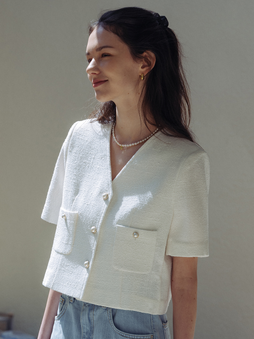 [TILLIDIE] Collarless pearl button summer tweed jacket_White