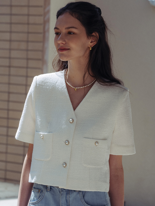 [TILLIDIE] Collarless pearl button summer tweed jacket_White