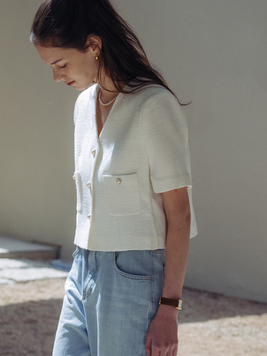 [TILLIDIE] Collarless pearl button summer tweed jacket_White