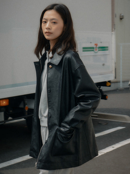 [TILLIDIE] Faux leather pocket jacket_Black