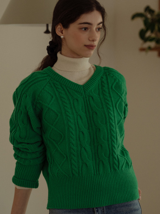 [TILLIDIE] V-neck lambswool cable knit(Green)