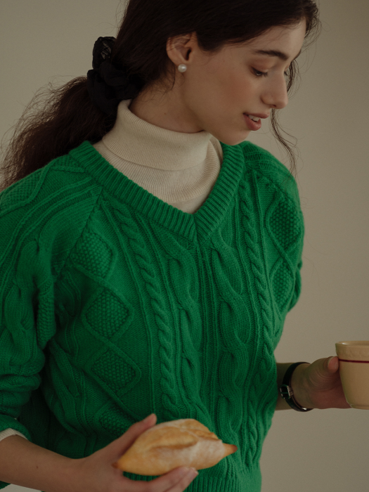 [TILLIDIE] V-neck lambswool cable knit(Green)