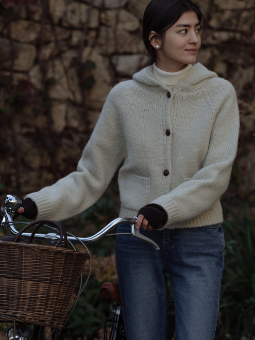 [TILLIDIE] Cozy alpaca hood cardigan_Light khaki