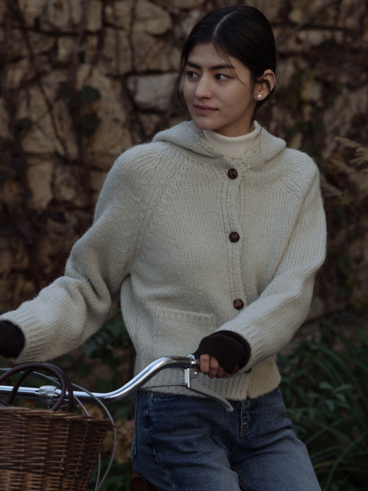 [TILLIDIE] Cozy alpaca hood cardigan_Light khaki