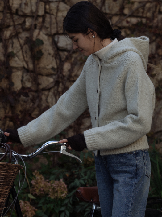 [TILLIDIE] Cozy alpaca hood cardigan_Light khaki