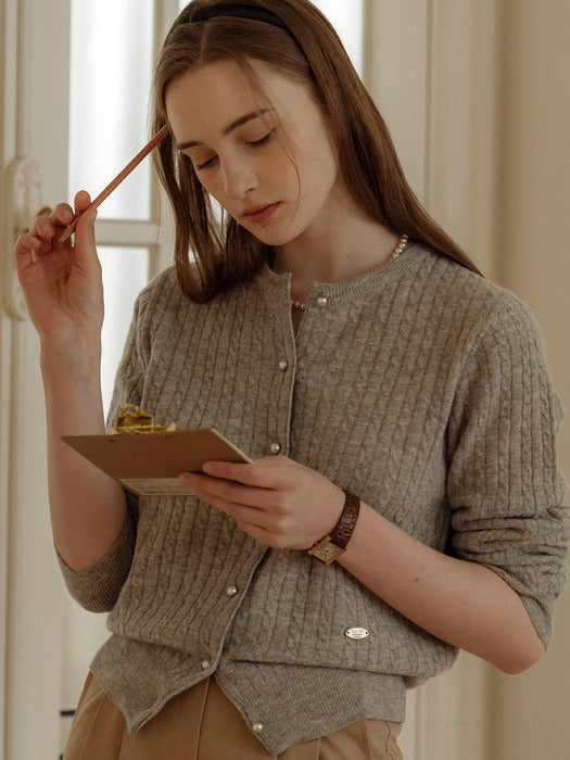 [TILLIDIE] Cashmere pearl button cable cardigan_Light gray