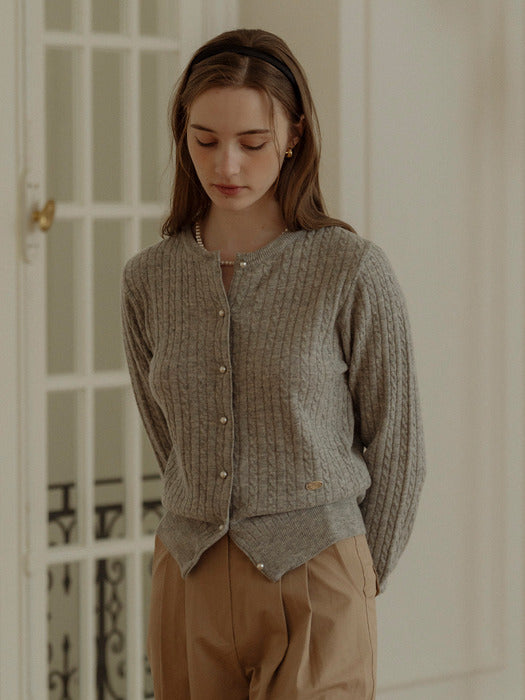 [TILLIDIE] Cashmere pearl button cable cardigan_Light gray