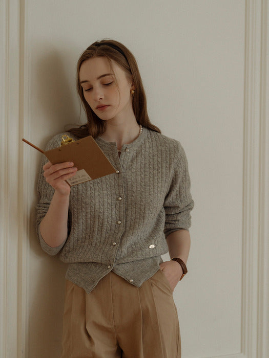 [TILLIDIE] Cashmere pearl button cable cardigan_Light gray